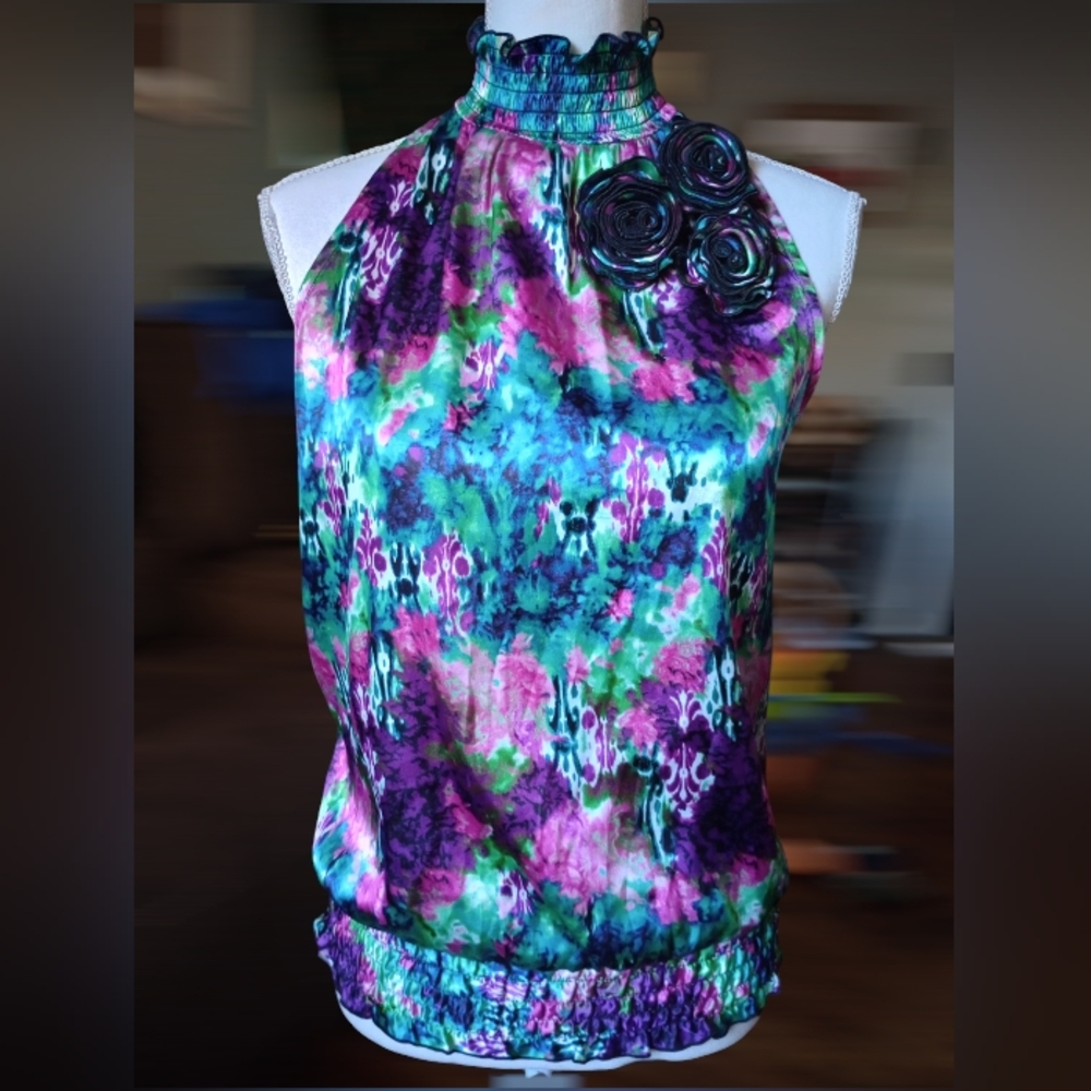 Iz Byer Multicolor Floral Halter Top in Blue, Purple, Green, Pink